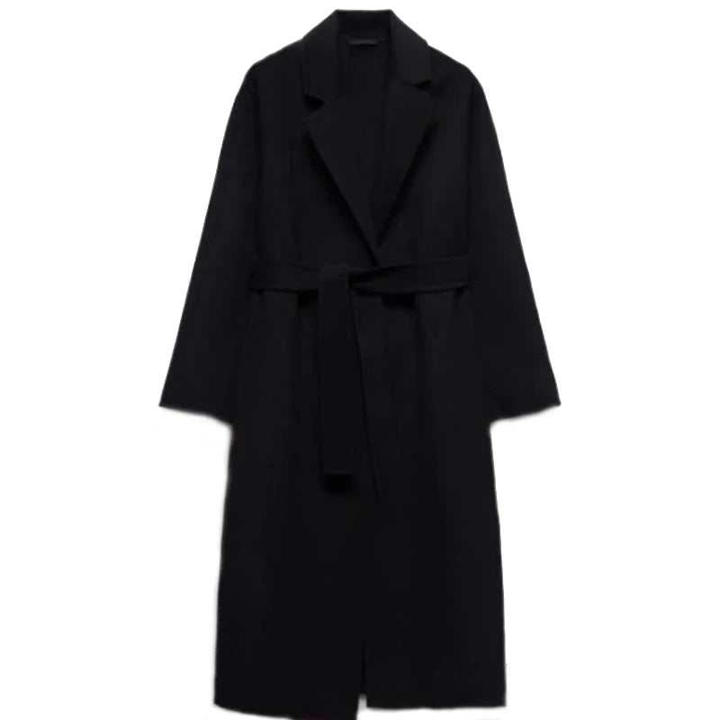 Women's Wool Blend Long Coat – Adjustable Waist, Turn-Down Collar, Casual Winter Outerwear with Pockets