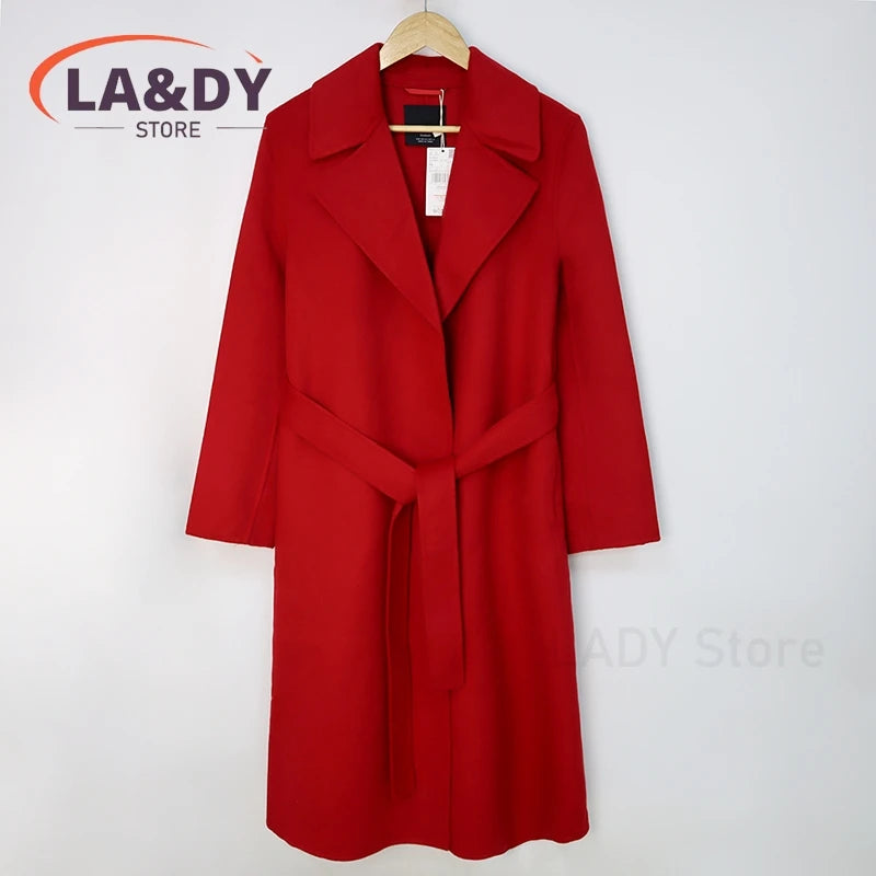Women's Wool Blend Long Coat – Adjustable Waist, Turn-Down Collar, Casual Winter Outerwear with Pockets