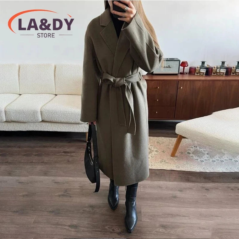 Women's Wool Blend Long Coat – Adjustable Waist, Turn-Down Collar, Casual Winter Outerwear with Pockets