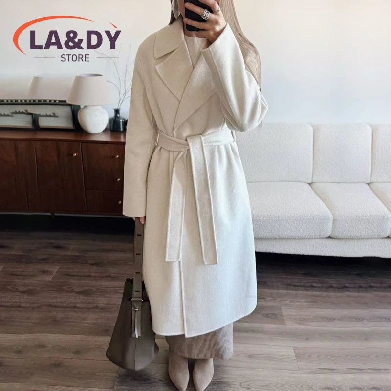 Women's Wool Blend Long Coat – Adjustable Waist, Turn-Down Collar, Casual Winter Outerwear with Pockets