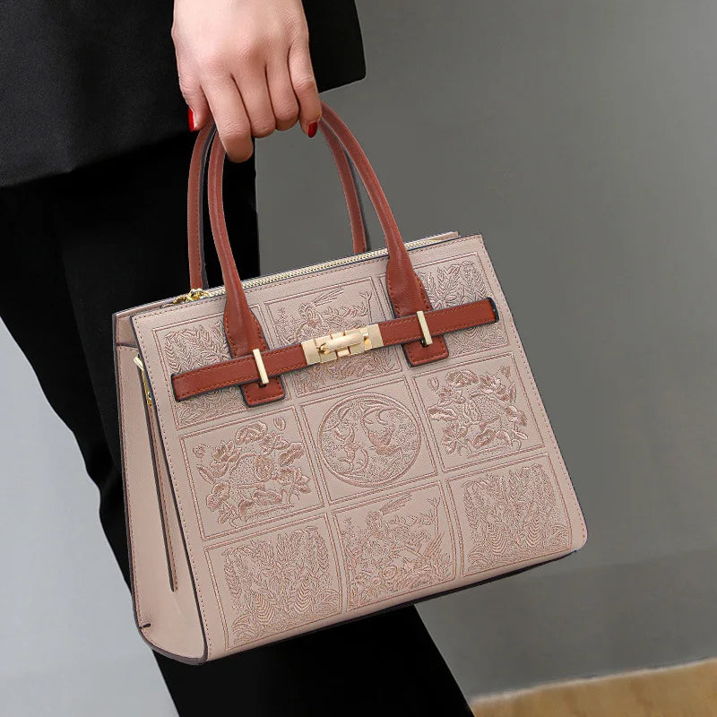 Genuine Leather Embroidered Tote Bag for Women – Soft, Fashionable, Versatile