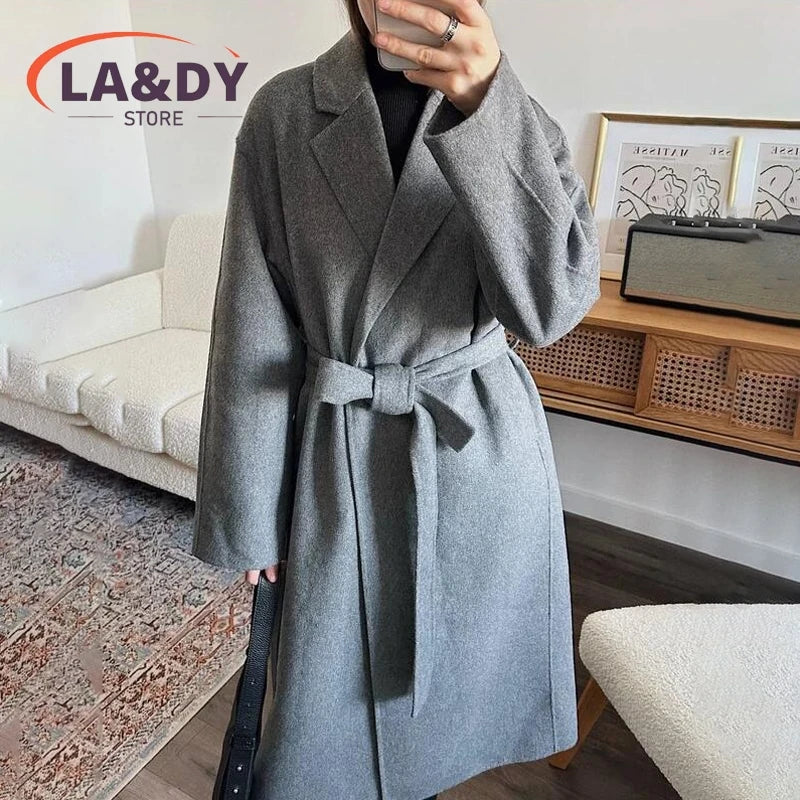 Women's Wool Blend Long Coat – Adjustable Waist, Turn-Down Collar, Casual Winter Outerwear with Pockets
