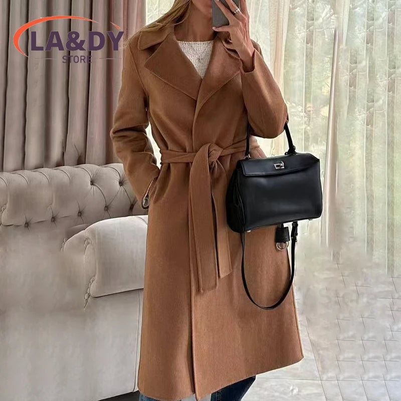 Women's Wool Blend Long Coat – Adjustable Waist, Turn-Down Collar, Casual Winter Outerwear with Pockets