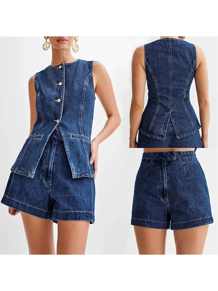 Korean Casual Split Round Neck Slim Fit Denim Vest Top Two-piece Set New Women's Fashion Sleeveless High Waist Denim Shorts Set