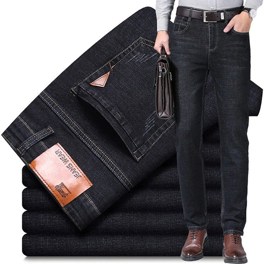 Men's Classic Style Denim Trousers Black Blue Stretch Slim Fit Casual Jeans for Business and Fashion