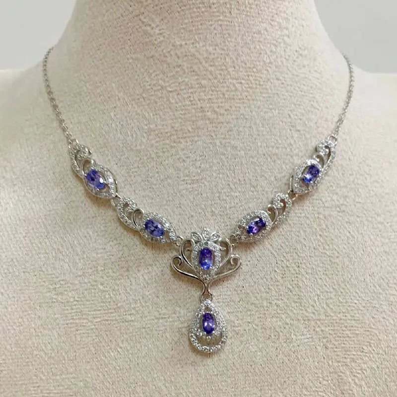 Women's Tanzanite Jewelry Necklace Pendant Short Eye-Catching Natural Gemstone 4*6mm S925 Silver