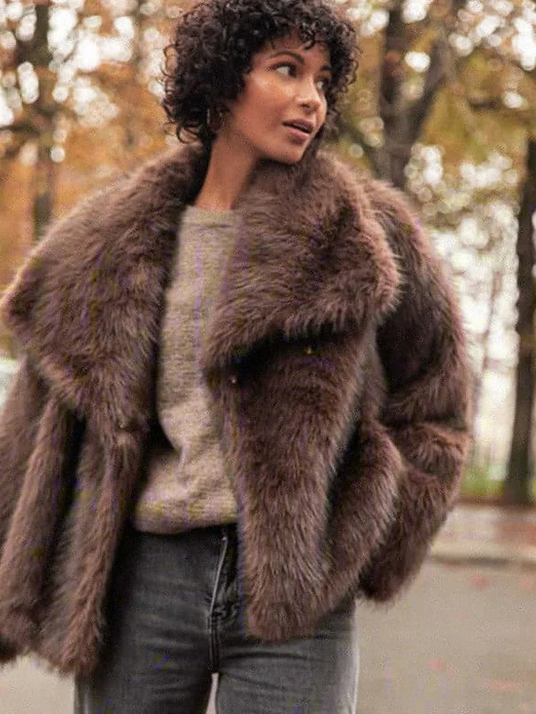 Women's Brown Long Sleeved Buttons Faux Fur Coat