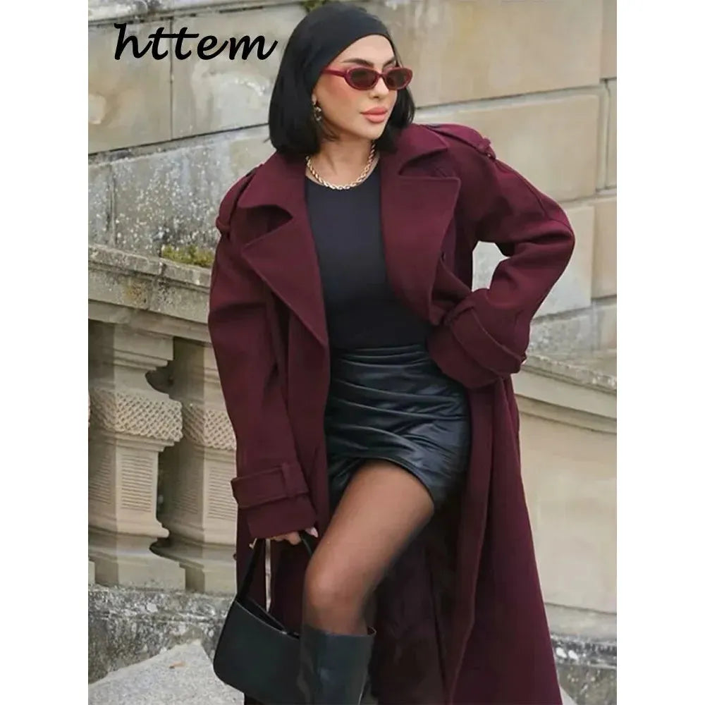 Street Women's Burgundy Woolen Overcoat With Belt Vintage Lapel Double Breasted Long Coat 2024 Autumn Winter Lady Chic Outwear