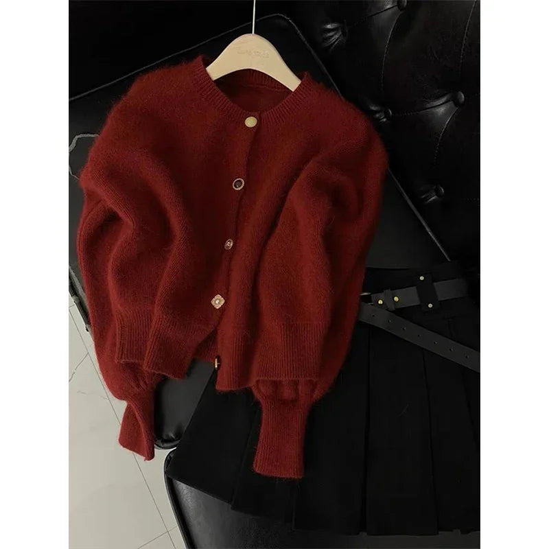 Vintage Cropped Knitted Cardigan Women Korean Long Sleeve Sweater Outerwears Winter Ladies Elegant Chic Knitwear Casual Jumpers