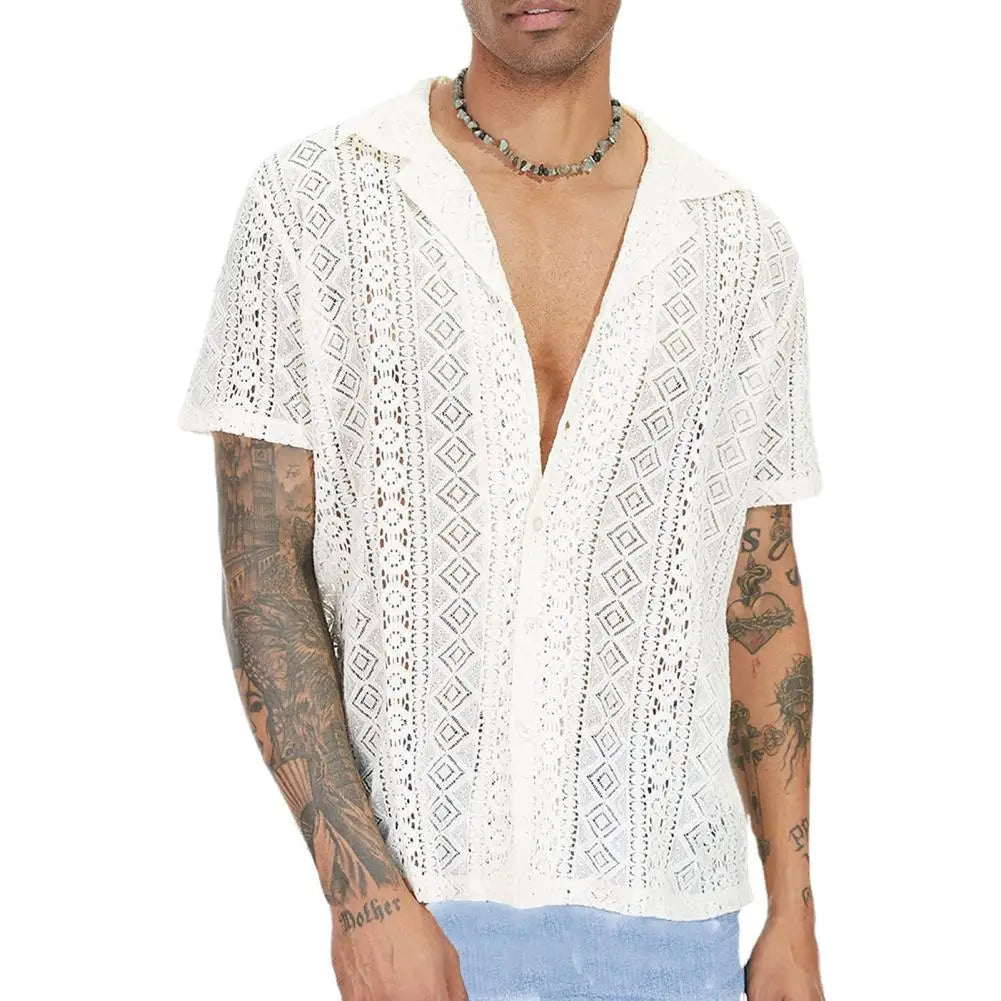 See-through Men Shirt Summer Top Hollow