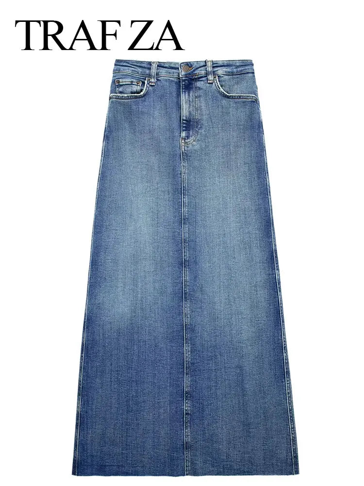 TRAFZA Women's New Front Slit Blue Denim Skirt