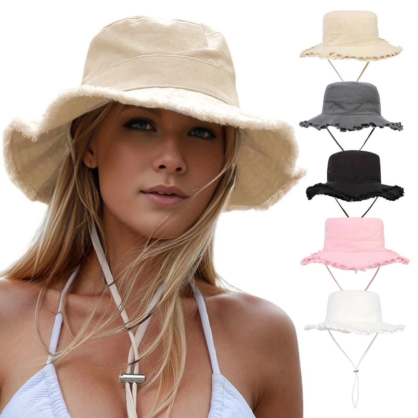 Ladies' denim drawstring torn edge bucket hat