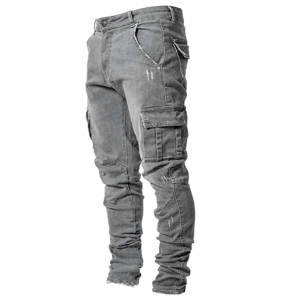 Men's Street Elastic Denim Jeans with Narrow Legs Multi Pockets Cargo Pants Casual Slim Fit Daily Wear Joggers Mid Waist Trousers