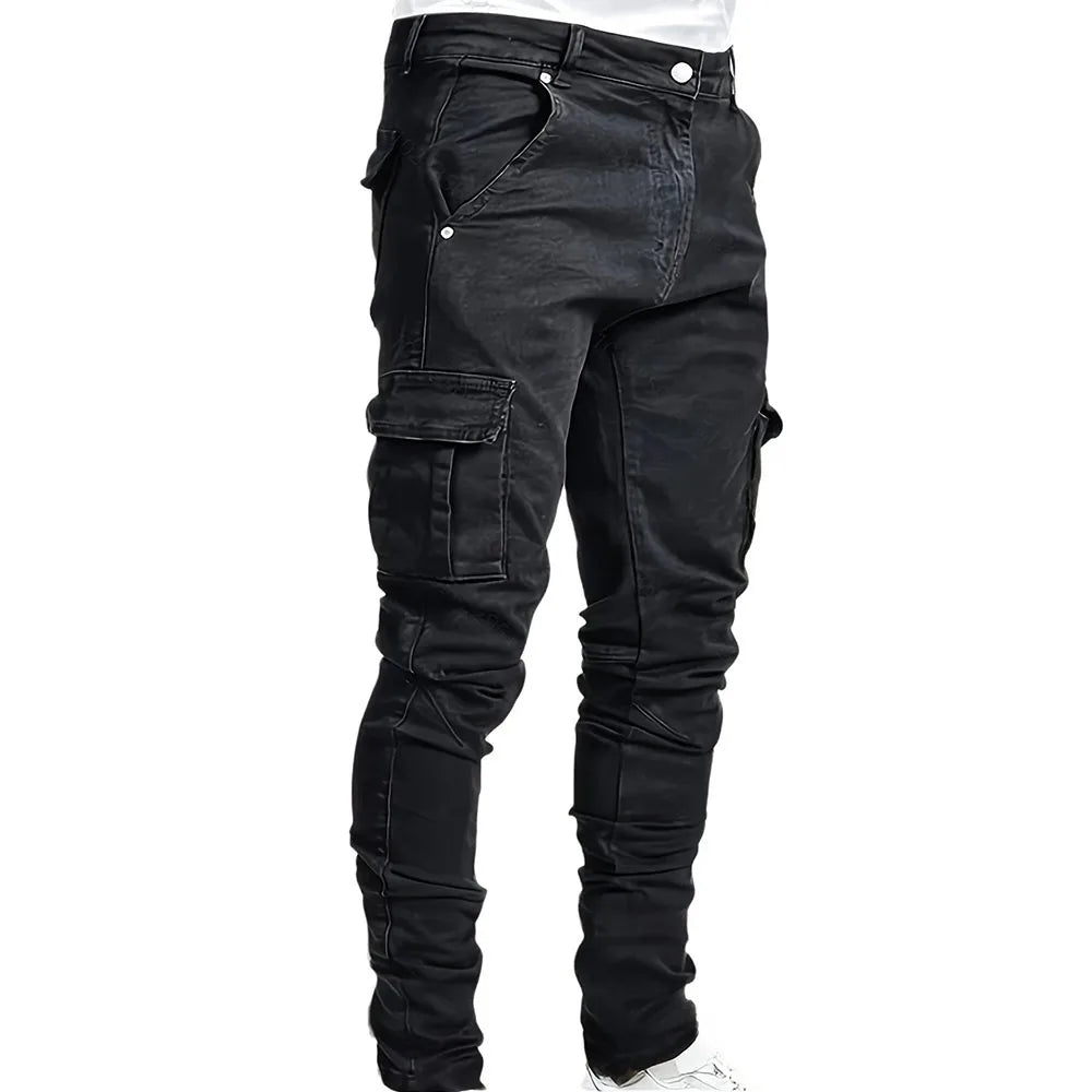 Men's Street Elastic Denim Jeans with Narrow Legs Multi Pockets Cargo Pants Casual Slim Fit Daily Wear Joggers Mid Waist Trousers