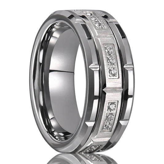 White Zircon Tungsten Carbide Fashion Ring, 8mm Size Perfect for Men's Wedding Jewelry Gift Daily Wear