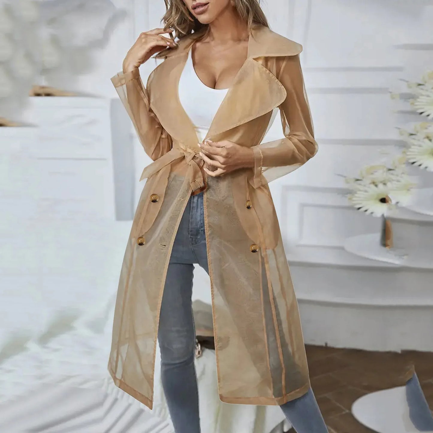 Long Sleeve Buttoned Coat With Belt