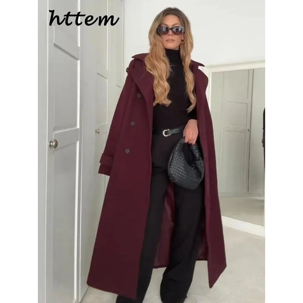 Street Women's Burgundy Woolen Overcoat With Belt Vintage Lapel Double Breasted Long Coat 2024 Autumn Winter Lady Chic Outwear