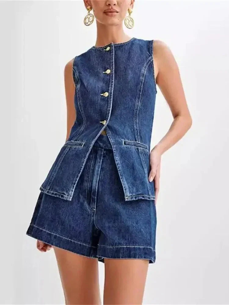 Korean Casual Split Round Neck Slim Fit Denim Vest Top Two-piece Set New Women's Fashion Sleeveless High Waist Denim Shorts Set