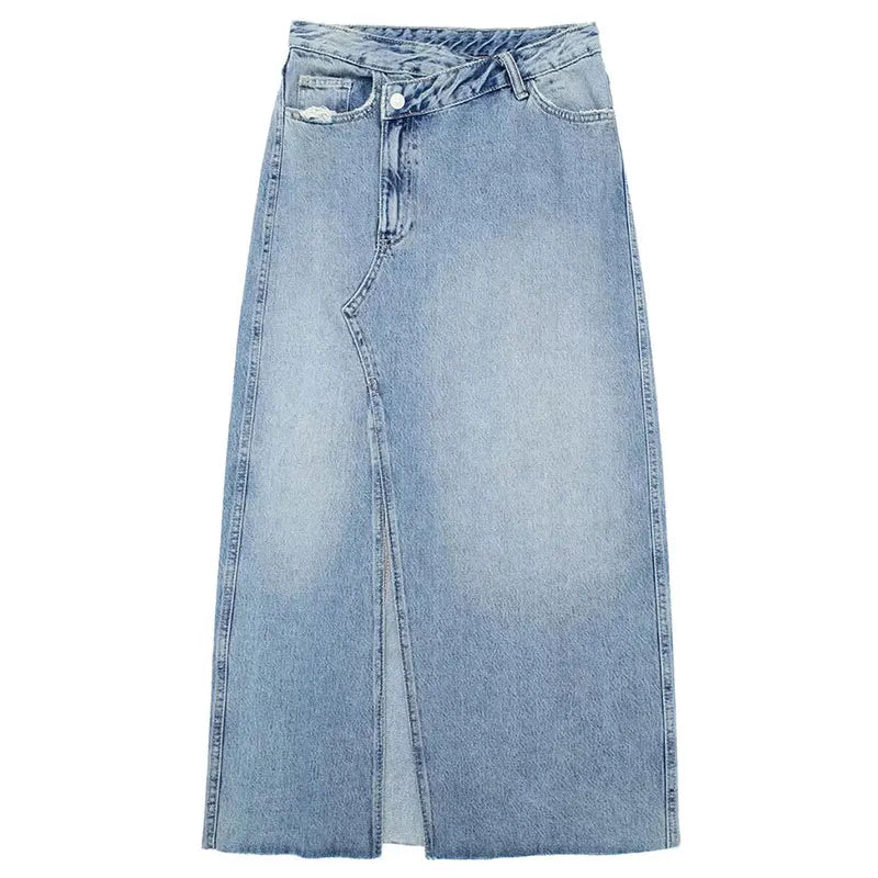 TRAFZA Women's New Front Slit Blue Denim Skirt