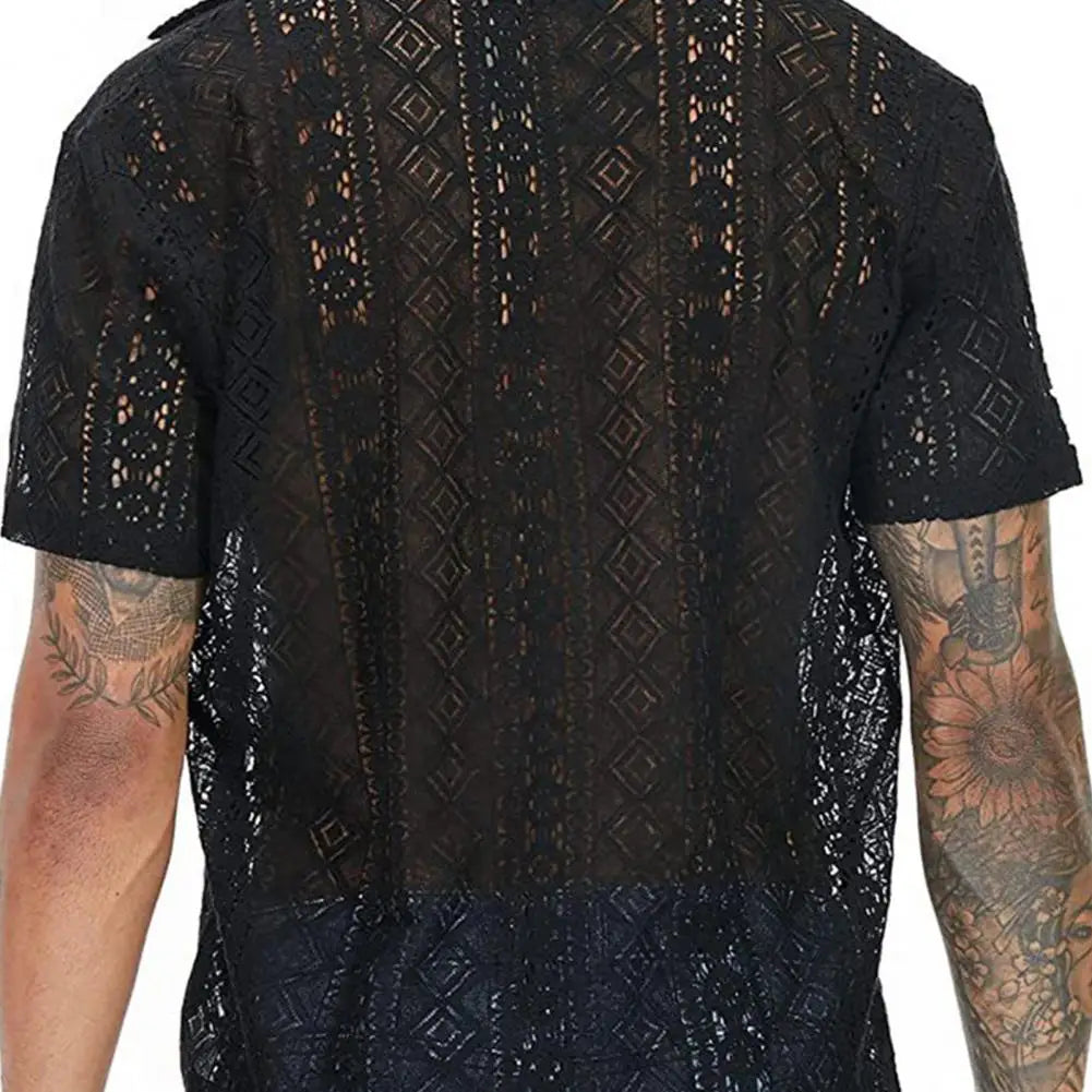 See-through Men Shirt Summer Top Hollow