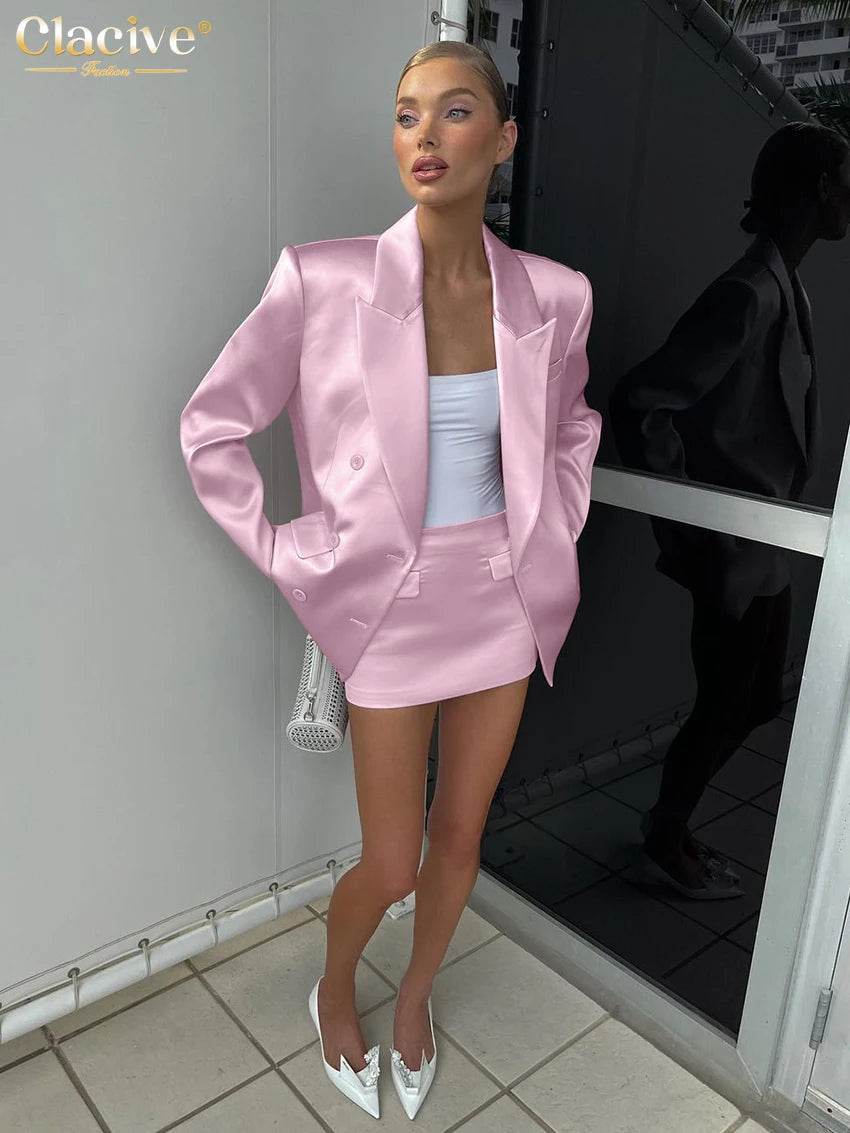 Elegant Long Sleeve Blazer With Mid Waist Mini Skirts Set Female