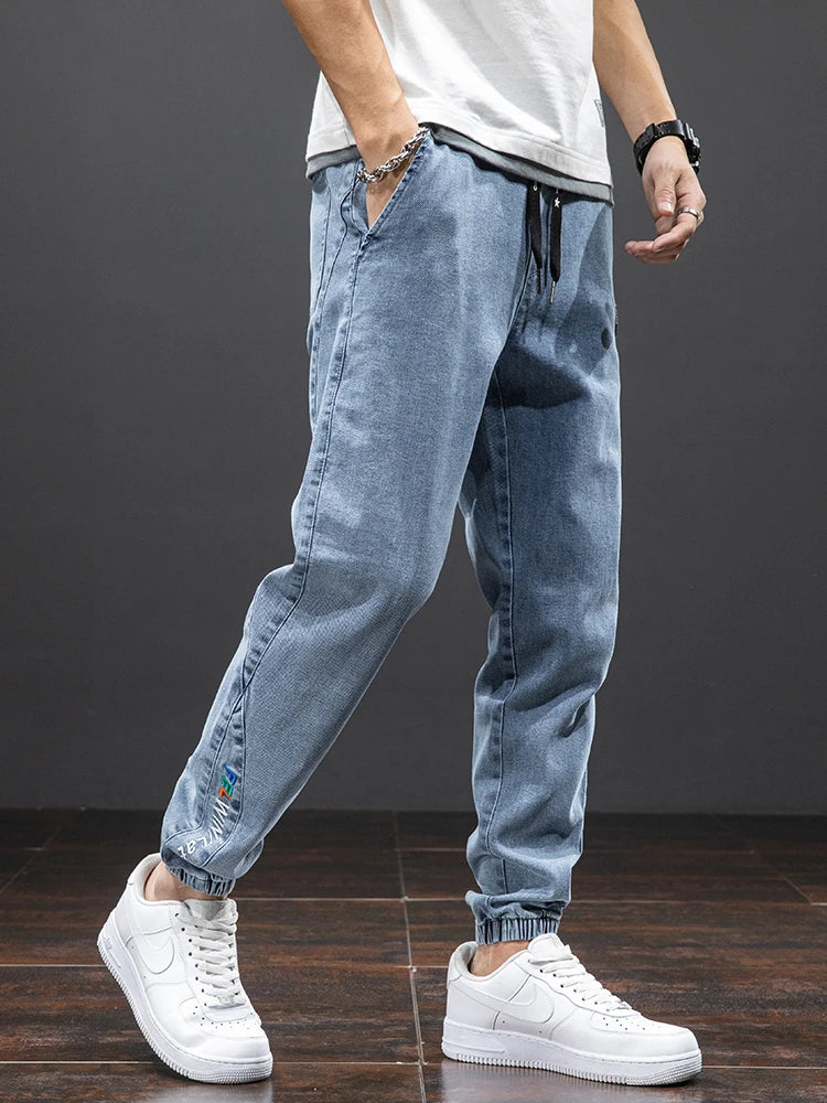 Spring Summer Cargo Jeans for Men Black Blue Denim Jogger Pants Baggy Harem Trousers Plus Size Eye Catching