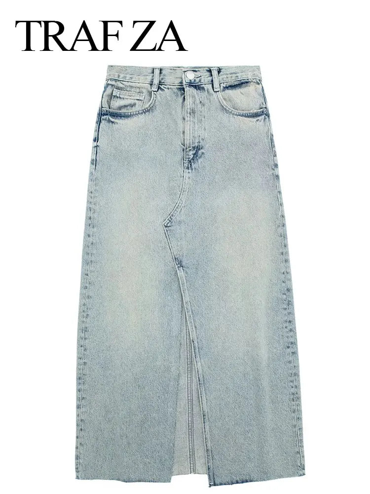 TRAFZA Women's New Front Slit Blue Denim Skirt