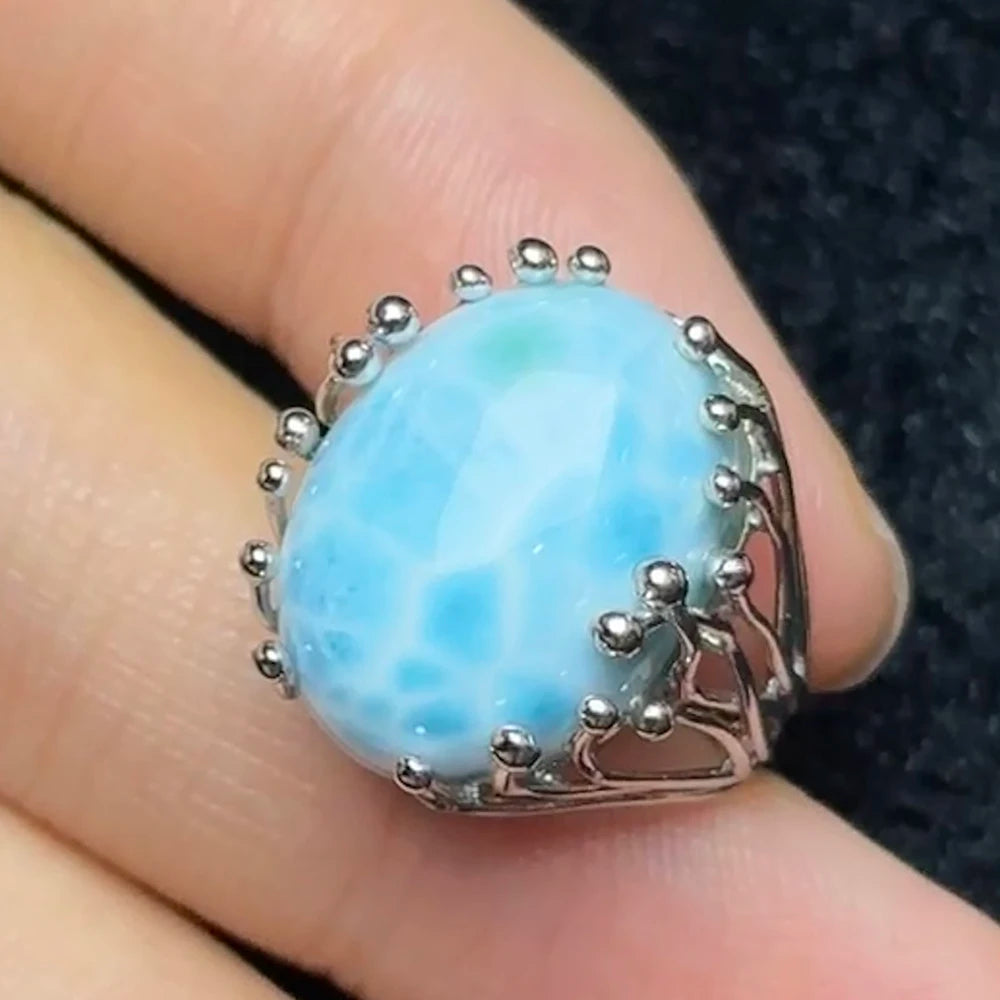 Larimar Natural 925 Silver Ring for Women Eye Catching Short Size Fashion Jewelry