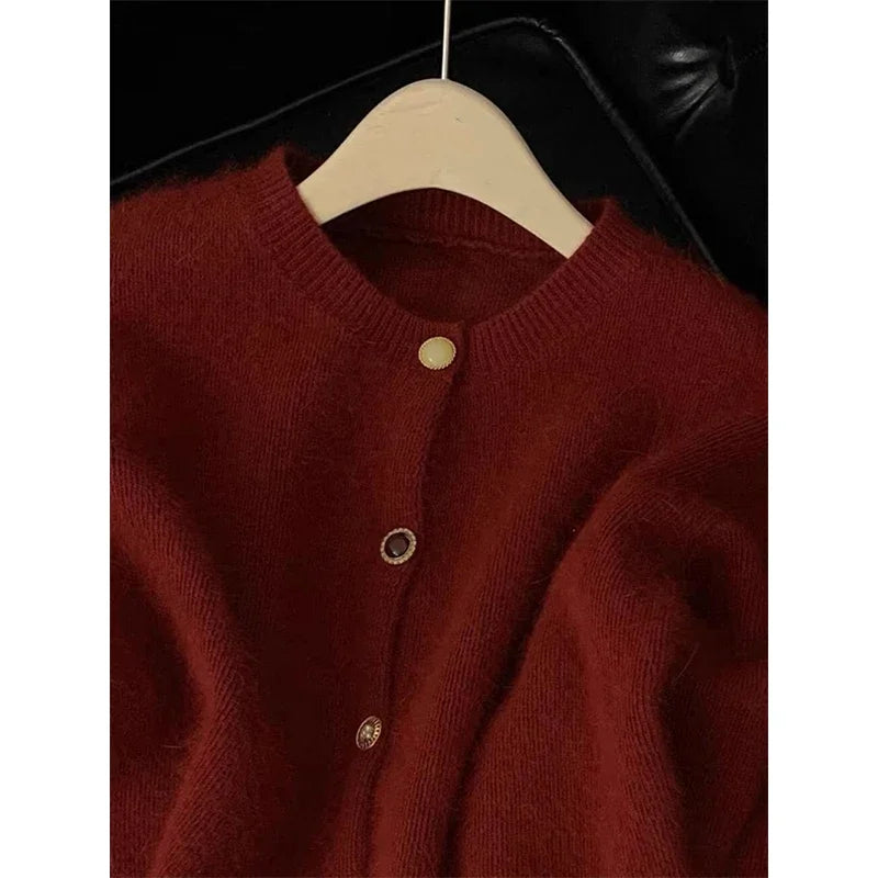 Vintage Cropped Knitted Cardigan Women Korean Long Sleeve Sweater Outerwears Winter Ladies Elegant Chic Knitwear Casual Jumpers