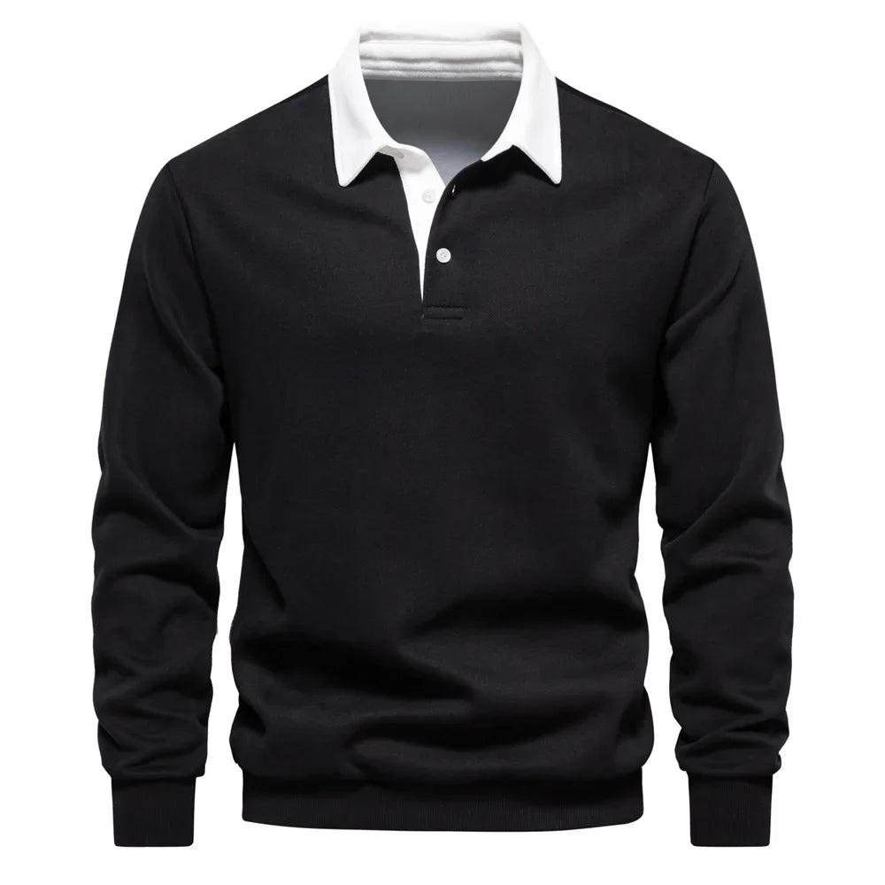 New Men's High-quality Pure Cotton Polo Shirt with Long Sleeves