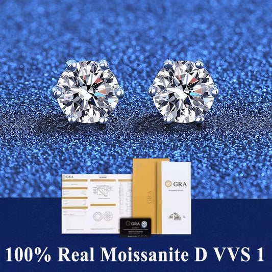 Top Quality GRA 100% Real Sterling Silver Moissanite Stud Earrings for Women with 2 Certificates D Color 6 Prong Wedding Jewelry