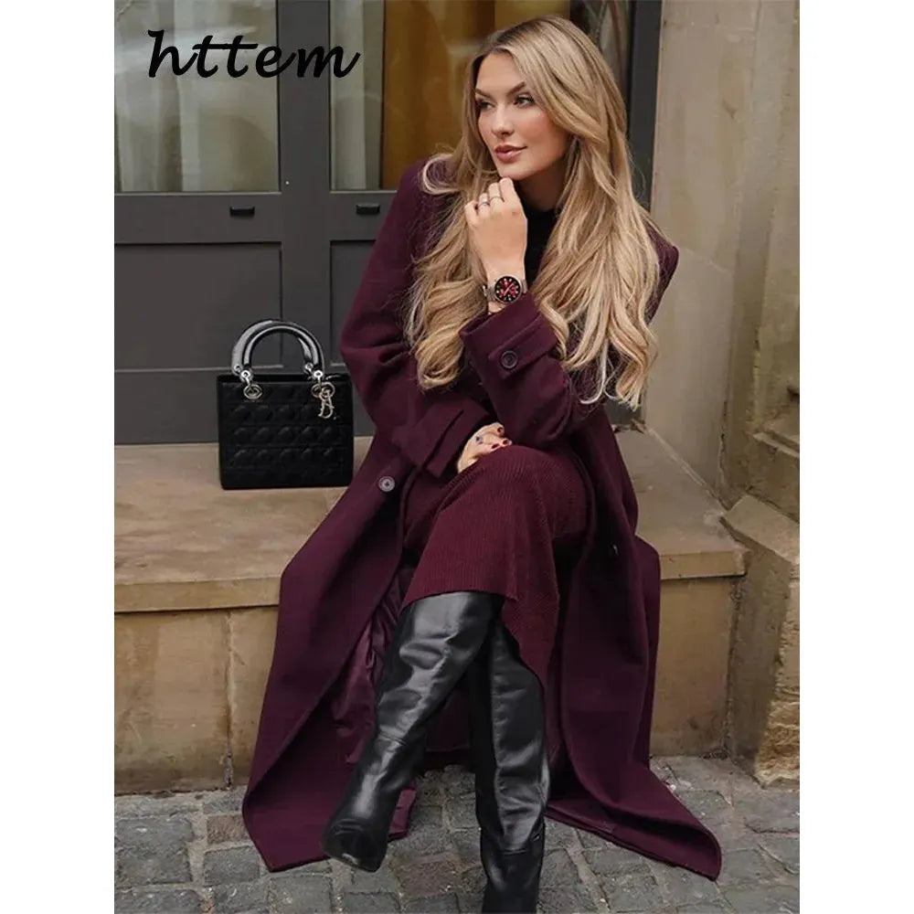 Street Women's Burgundy Woolen Overcoat With Belt Vintage Lapel Double Breasted Long Coat 2024 Autumn Winter Lady Chic Outwear