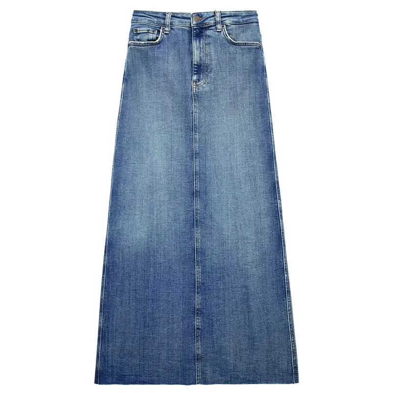 TRAFZA Women's New Front Slit Blue Denim Skirt