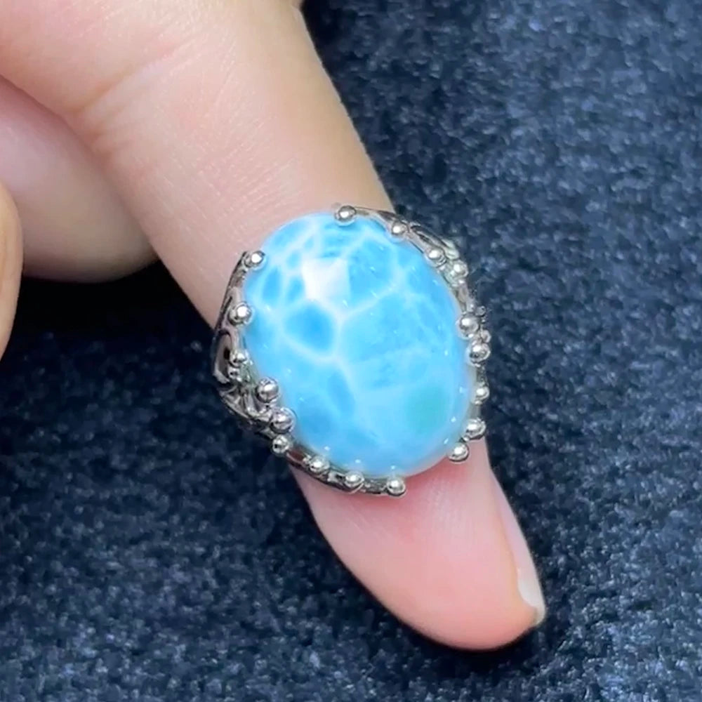 Larimar Natural 925 Silver Ring for Women Eye Catching Short Size Fashion Jewelry