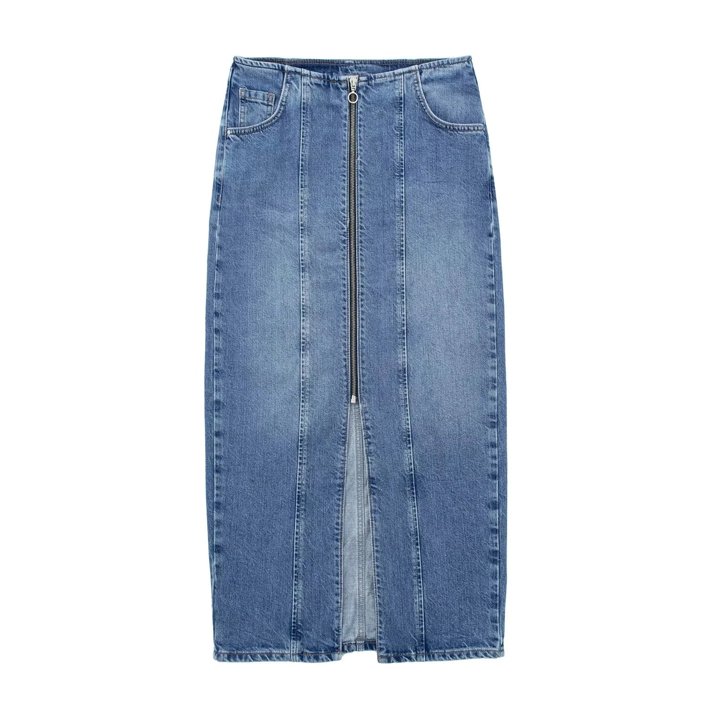 TRAFZA Women's New Front Slit Blue Denim Skirt