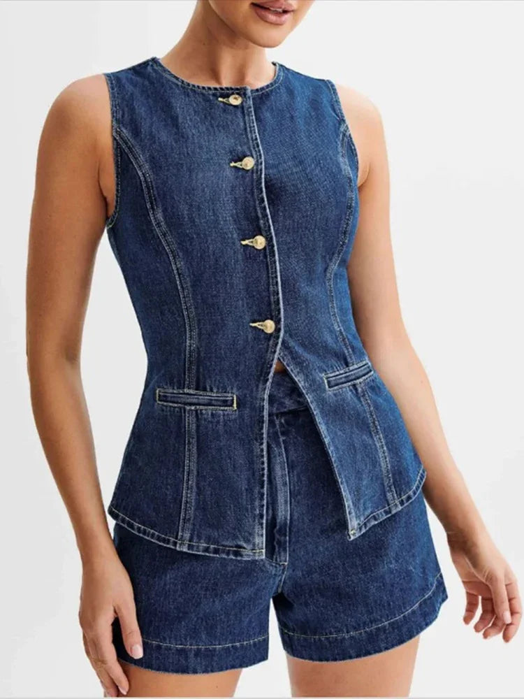 Korean Casual Split Round Neck Slim Fit Denim Vest Top Two-piece Set New Women's Fashion Sleeveless High Waist Denim Shorts Set