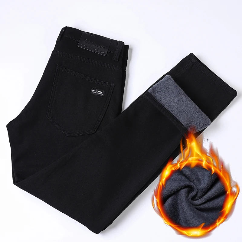 WTHINLEE Men's Winter Black Straight Stretch Denim Pants Thick Velvet Warm Jeans Casual Fleece Line Trousers Plus Size