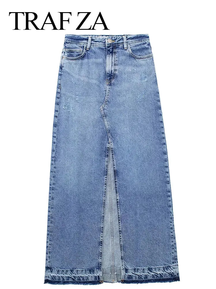 TRAFZA Women's New Front Slit Blue Denim Skirt