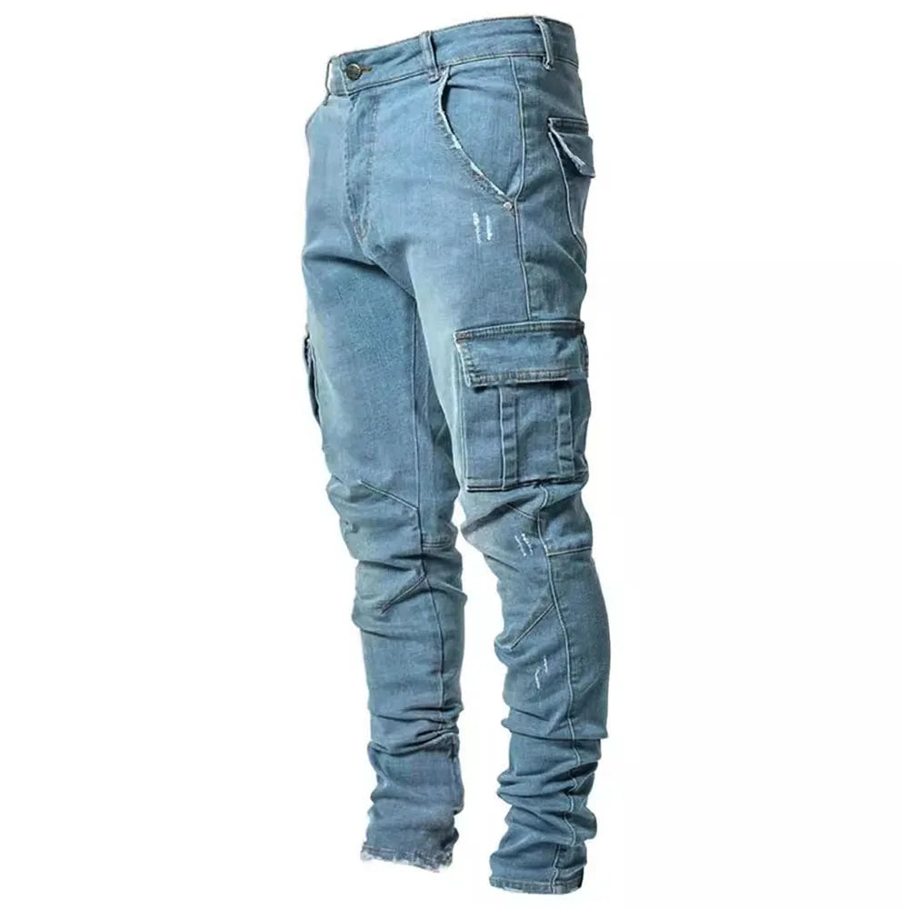 Men's Street Elastic Denim Jeans with Narrow Legs Multi Pockets Cargo Pants Casual Slim Fit Daily Wear Joggers Mid Waist Trousers