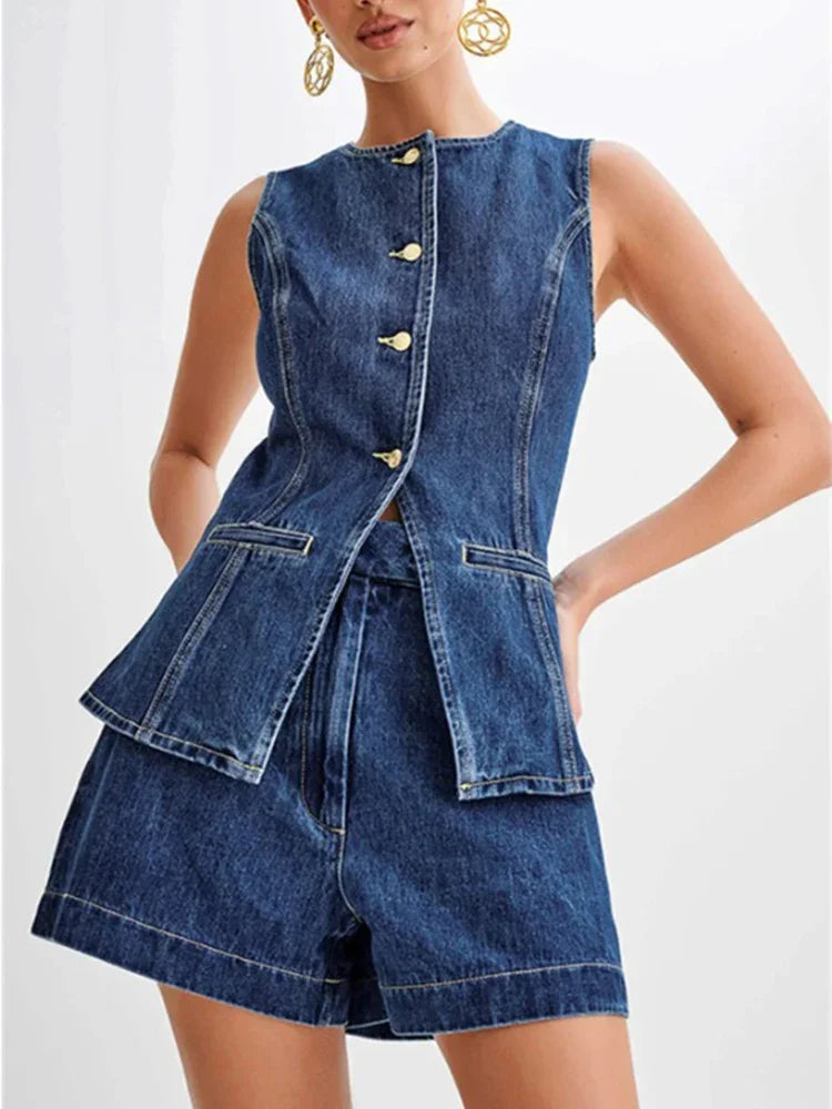 Korean Casual Split Round Neck Slim Fit Denim Vest Top Two-piece Set New Women's Fashion Sleeveless High Waist Denim Shorts Set