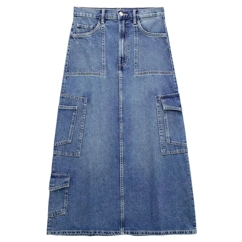 TRAFZA Women's New Front Slit Blue Denim Skirt