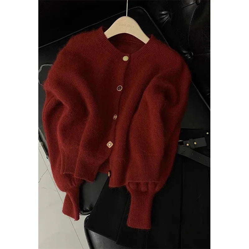 Vintage Cropped Knitted Cardigan Women Korean Long Sleeve Sweater Outerwears Winter Ladies Elegant Chic Knitwear Casual Jumpers