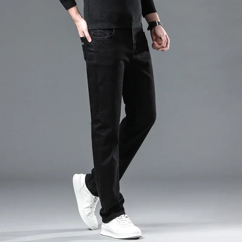 WTHINLEE Men's Winter Black Straight Stretch Denim Pants Thick Velvet Warm Jeans Casual Fleece Line Trousers Plus Size