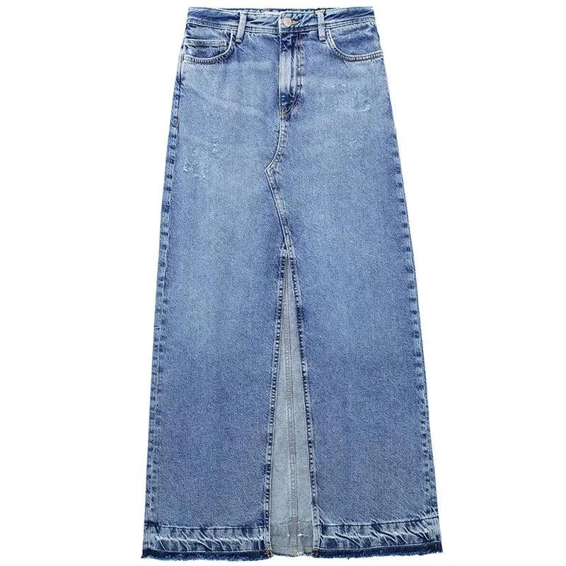 TRAFZA Women's New Front Slit Blue Denim Skirt