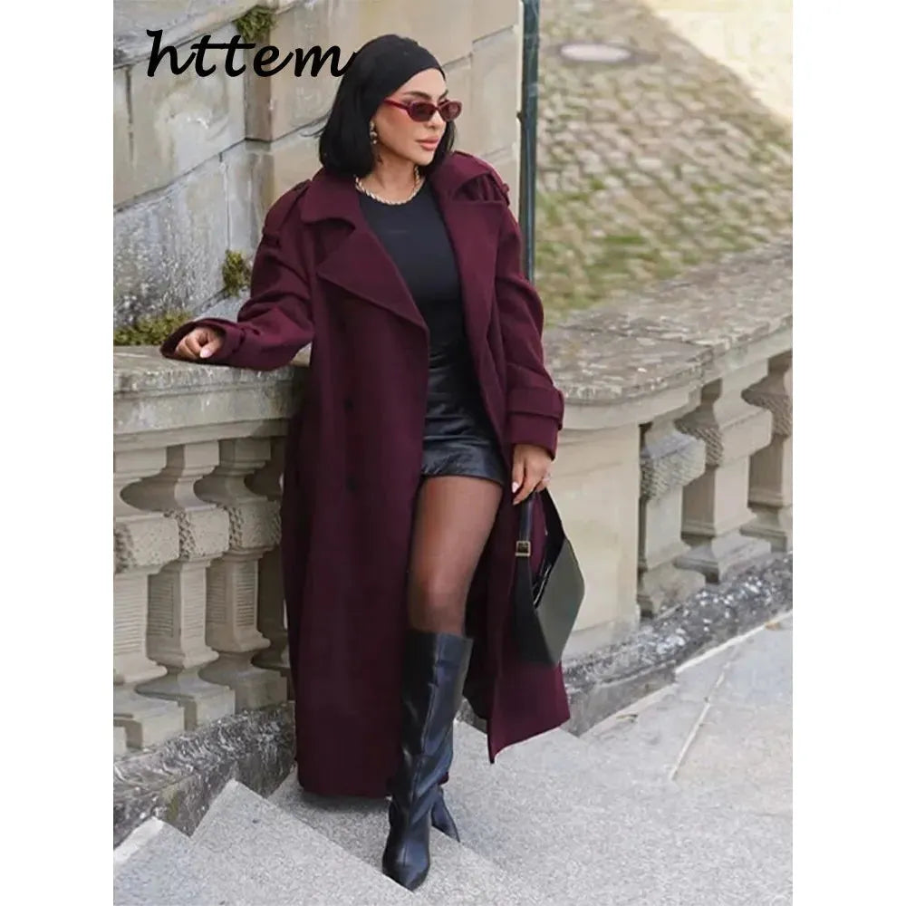 Street Women's Burgundy Woolen Overcoat With Belt Vintage Lapel Double Breasted Long Coat 2024 Autumn Winter Lady Chic Outwear