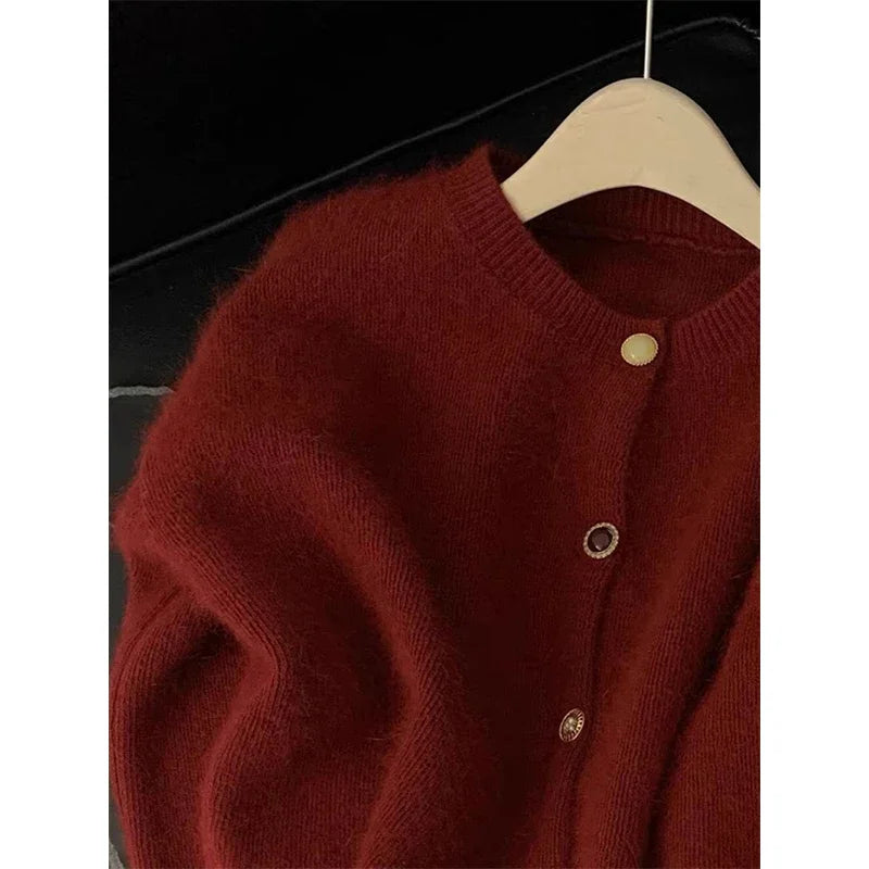 Vintage Cropped Knitted Cardigan Women Korean Long Sleeve Sweater Outerwears Winter Ladies Elegant Chic Knitwear Casual Jumpers