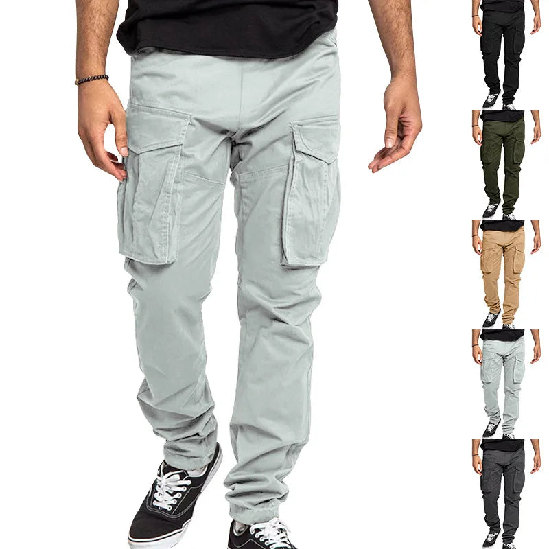 cargo pants solid color multi-pocket casual pants men