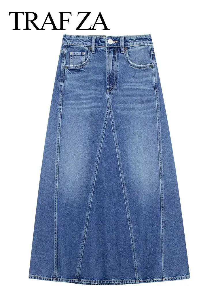 TRAFZA Women's New Front Slit Blue Denim Skirt