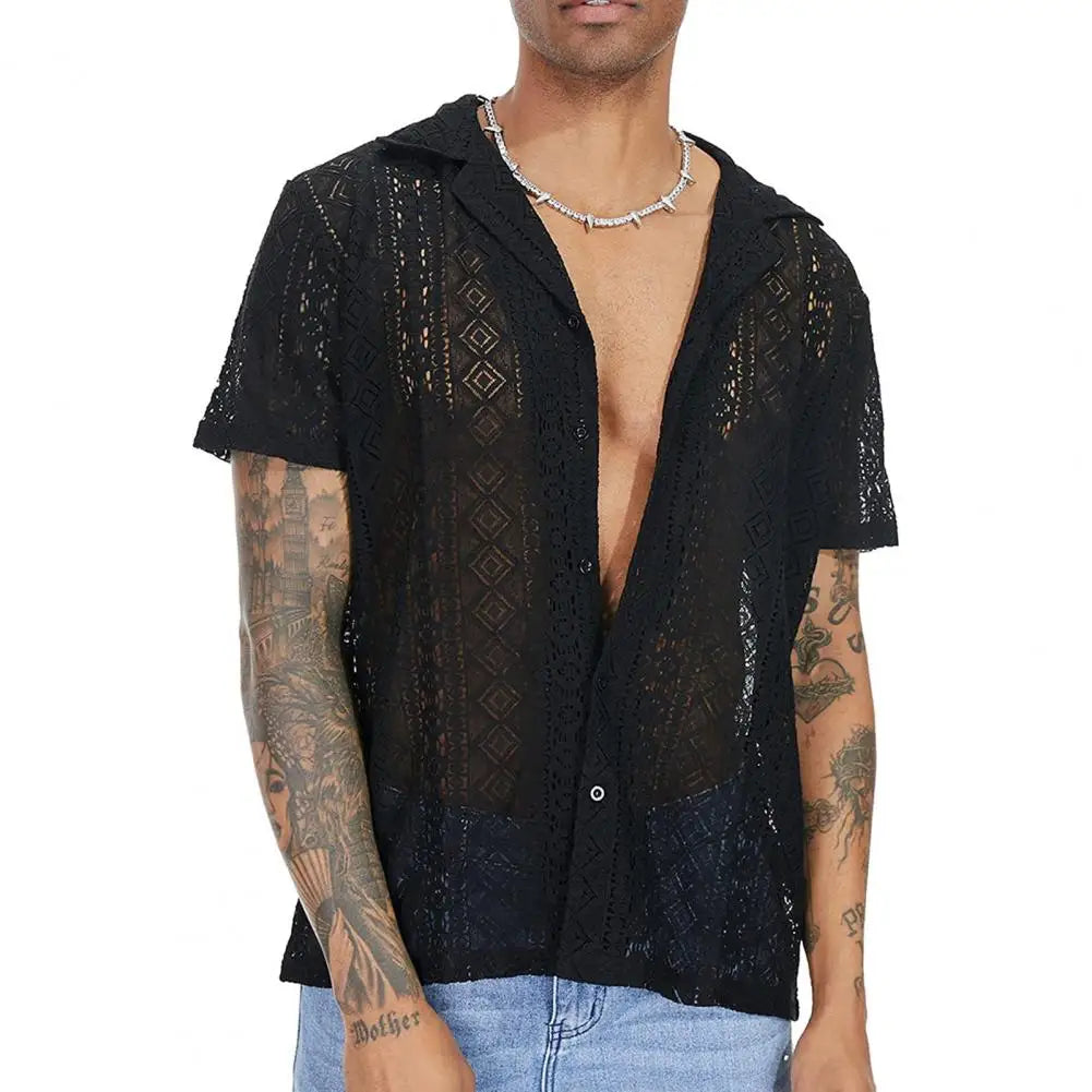 See-through Men Shirt Summer Top Hollow