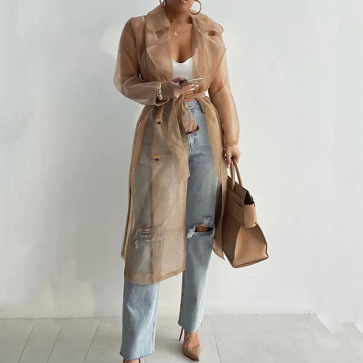 Long Sleeve Buttoned Coat With Belt